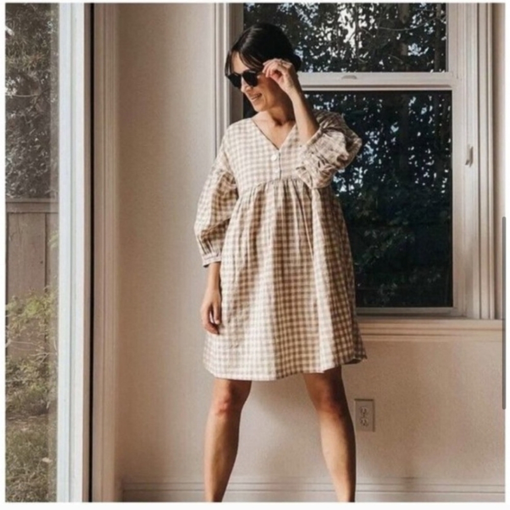 ABLE Gingham Nico Swing Dress Linen Button Down Babydoll 100% Cotton
